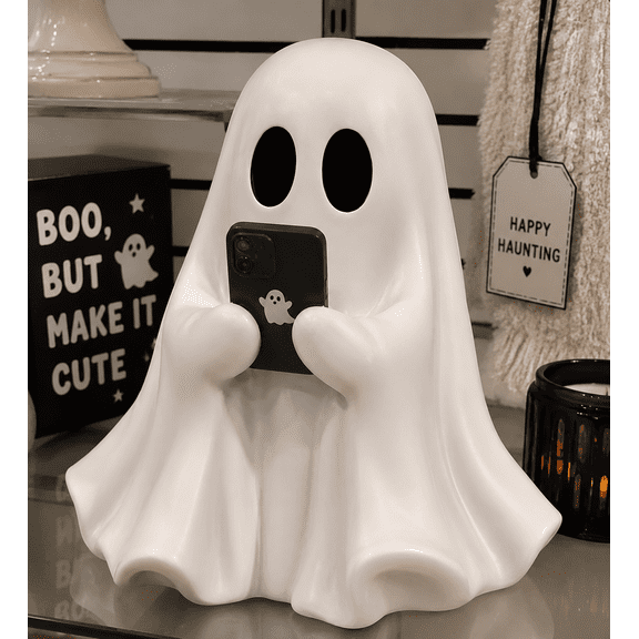 Funny Cell Phone Ghost Statue Cute Novelty Ghost Figurine Chic Desktop Ornament Perfect Decor for Halloween Holiday Home Shelf Tabletop