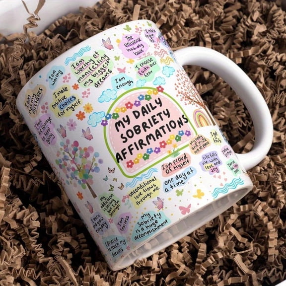 Funny Ceramic Coffee Mug 1pc Funny My Daily Sobriety Affirmations Ceramic Coffee Mug 11oz with Colorful Tree Design Ideal Parties Gifts Friends Family