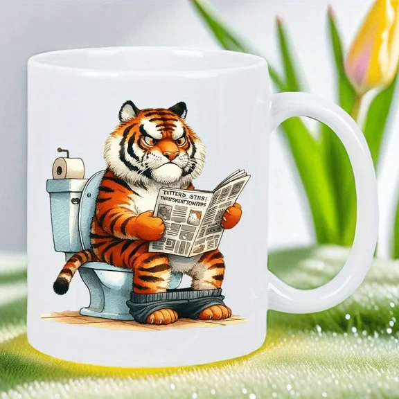 Funny Ceramic Mug - Tiger Reading Newspaper Design, Unique and Humorous Gift for Coffee and Tea Lovers, Perfect for Any OcC1Asion