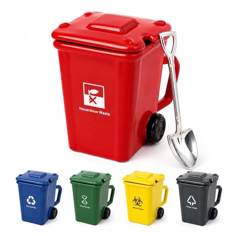 Funny Ceramic Trash Can Mug with Lid and Shovel Spoon, 13.5 oz