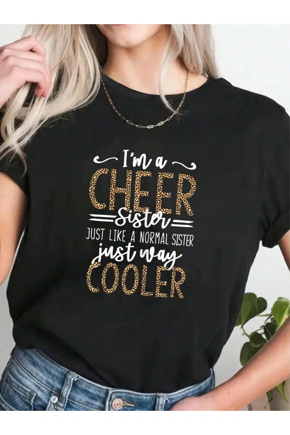 Funny Cheer Sister Leopard Print Graphic Tee Retro Women's Sibling Gift T-Shirt Black
