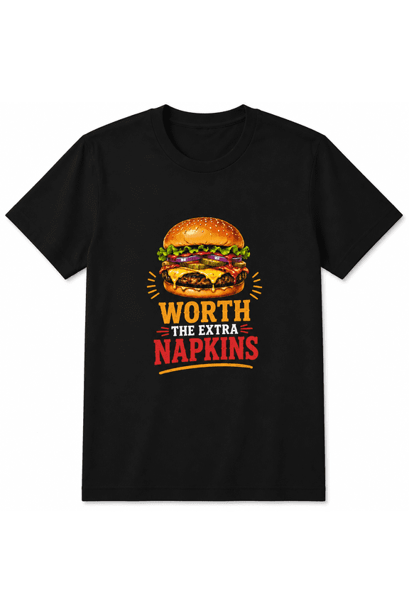 Funny Cheeseburger Graphic T-Shirt for Men and Women, Worth the Extra Napkins Vintage Burger Print Tee, Retro Fast Food Lover Casual Short Sleeve Shirt for BBQ, Cookout and Everyday Wear