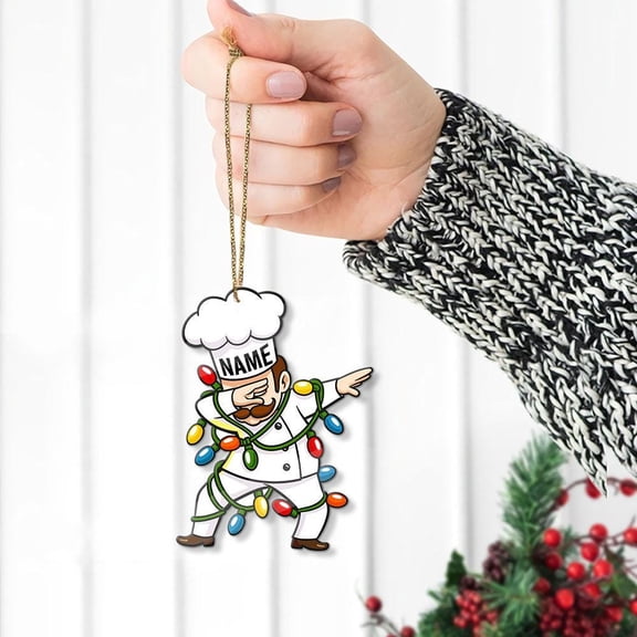 Funny Chef Acrylic Christmas Ornament with Lights (Dabbing Pose) Personalized Name, Cook/Baker Holiday Tree Decor, Culinary Humor Keepsake