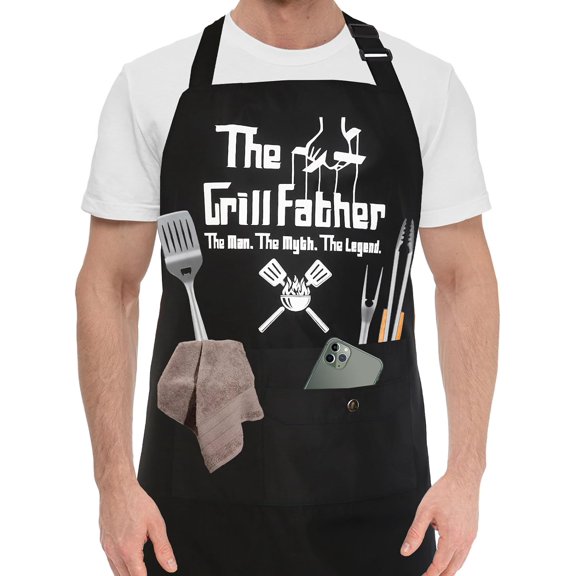 Funny Chef Apron for Men, BBQ Dad Aprons for men with 3 Pockets Cooking Grill Kitchen Aprons- The Grill father - Birthday Father's Day Christmas Gifts for Dad, Step Dad, Father in Law, Husband