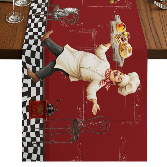 Funny Chef Burlap Cotton Table Runner 13x36 Inches Short, Food Cooking Farmhouse Buffalo Plaid Red Farmhouse Table Runners, Outdoor Dining Tablecloths Decor for Baby Shower/Party/Wedding