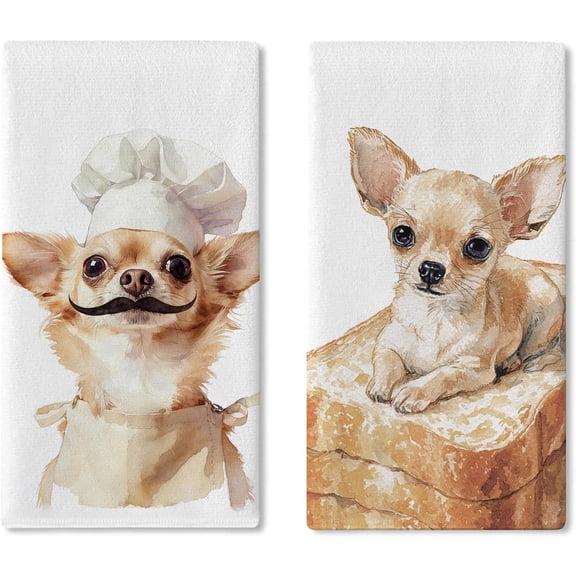 Funny Chef Chihuahua Dog Kitchen Dish Towels Set of 2, Bread Bakery Restaurant Dinner Room Drying Hand Towel Baking Cooking Cloth, Pet Dog Owner Lover Gifts Home Decoration 18'' x 26''
