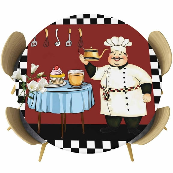 Funny Chef Delicious Dessert Fitted Round Tablecloths Table Covers 45"-54",Waterproof Table Cloth for Kitchen Holiday Party Tables Decor