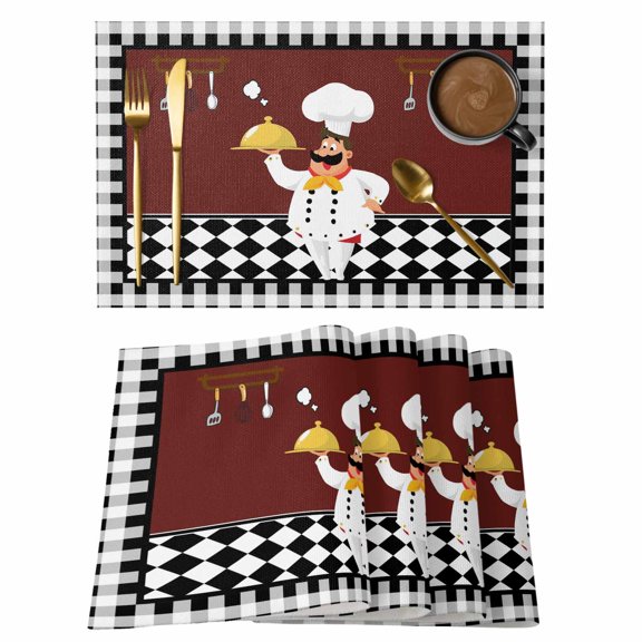 Funny Chef Food Cutlery Placemats Set of 6,Wipeable Washable Table Mats for Dining Tables, Black White Plaid Dark Maroon Place Mats for Kitchen Event Party Tabletop Decor