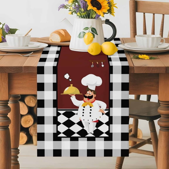 Funny Chef Food Cutlery Table Runner 36 Inches Long, Black White Plaid Dark Maroon Table Runners Tabletop Scarf Kitchen Dining Tables Decoration for Home Party Indoor Outdoor