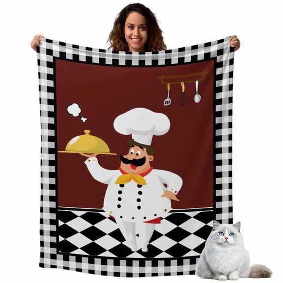 Funny Chef Food Cutlery Throw Blanket Flannel Fleece Throws, Black White Plaid Dark Maroon Lightweight Super Soft Warm Blankets for Couch Sofa Bed All Season Use, 40x50 in
