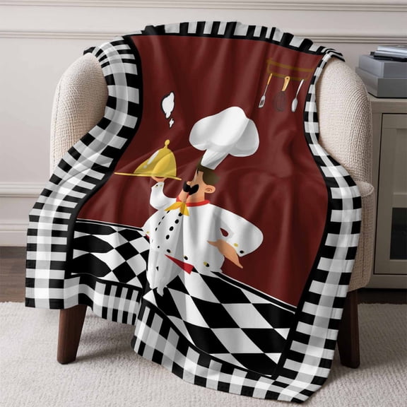 Funny Chef Food Cutlery Throw Blanket Flannel Fleece Throws, Black White Plaid Dark Maroon Lightweight Super Soft Warm Blankets for Couch Sofa Bed All Season Use, 50x60 in