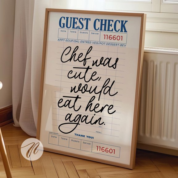 Funny Chef Guest Check Print: Trendy Kitchen Art UNFRAMED PAPER POSTER, Home Decor, Vintage Gift, Living Room Dercor