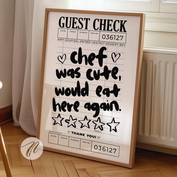 Funny Chef Guest Check Wall Art Kitchen Decor Print, Unframed Canvas Size 24x36