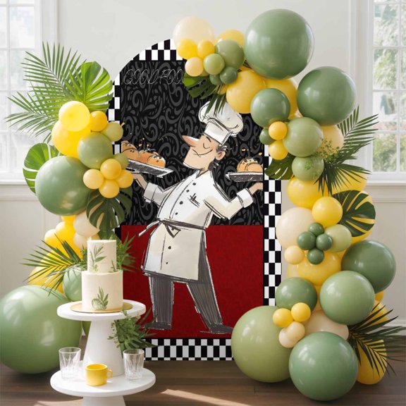 Funny Chef Kitchen Cooking Arch Backdrop Cover Spandex Fitted Arch Cover 4FT,Arches Backdrop Stand Covers for Wedding Birthday Party Ceremony Banquet Decoration Black and White Checker