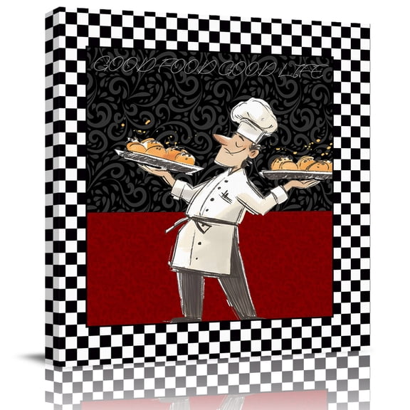 Funny Chef Kitchen Cooking Canvas Artwork Painting Art, Black and White Checker Square Framed Wall Decorations Prints Picture for Bedroom Kitchen Living Room, 8x8 in