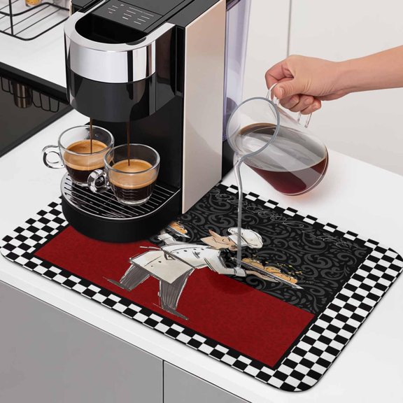 Funny Chef Kitchen Cooking Dish Drying Mat,Absorbent Diatomaceous Earth Mats Black and White Checker Coffee Mat Dishes Drainer Pad for Kitchen Counter Rack Sink Utensils,12x16in