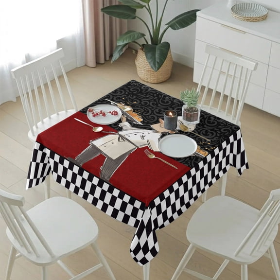 Funny Chef Kitchen Cooking Table Cloth 54x54in, Waterproof Square Tablecloth Wipeable Tablecloths Black and White Checker Table Covers for Dining Tables Party Indoor Outdoor