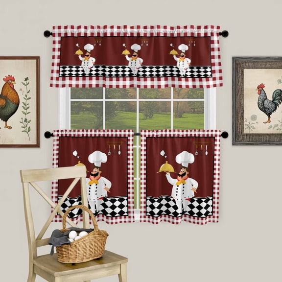 Funny Chef Kitchen Tableware Curtain Tier and Valance Set 3 Piece, Burgundy Red Black Lattice 3-inch Rod Pocket Window Tier Curtains Valance for Kitchen Living Room