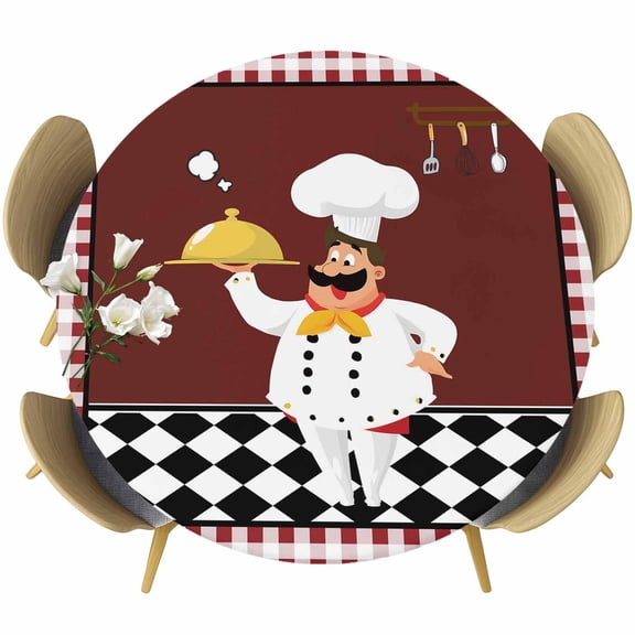 Funny Chef Kitchen Tableware Fitted Round Tablecloths Table Covers 36"-44",Waterproof Table Cloth for Kitchen Holiday Party Tables Decor