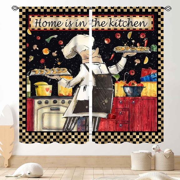 Funny Chef Print Kitchen Curtains Black Gold Checkered Window Drapes Home Is in the Kitchen Pattern Window Curtain for Kitchen Bedroom Decor