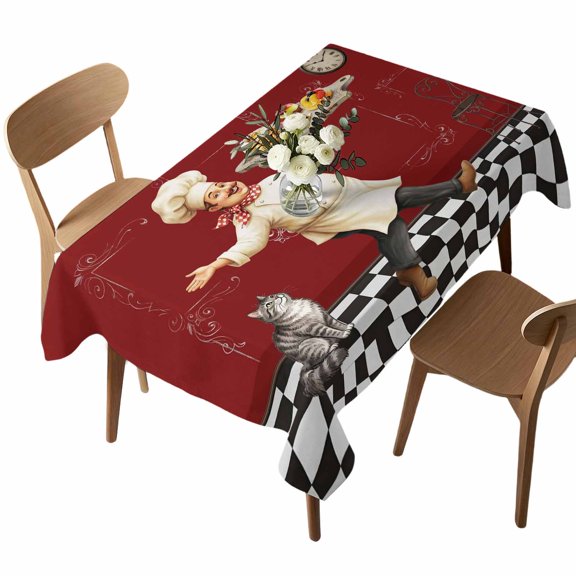 Funny Chef Table Cloth, Waterproof Tablecloth for Rectangle Tables, Food Cooking Farmhouse Buffalo Plaid Red Washable Fabric Table Cover for Restaurant Kitchen Dining Tables 60"x84"