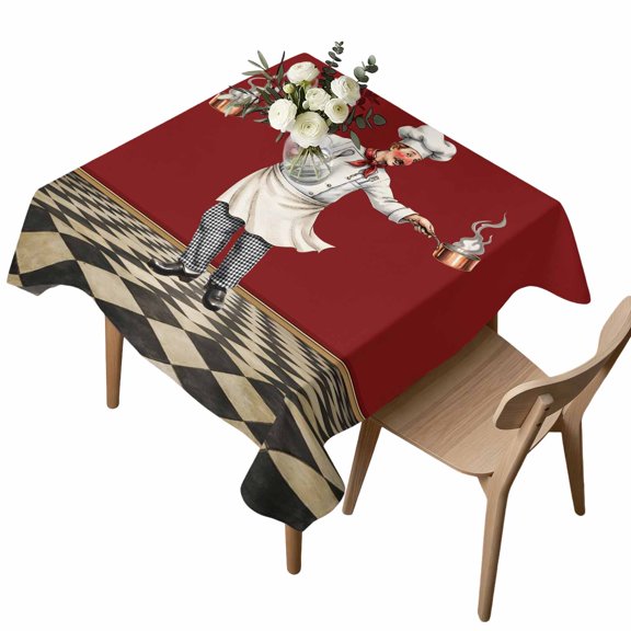 Funny Chef Table Cloth, Waterproof Tablecloth for Square Tables, Chefs Cook Food Kitchenware Buffalo Plaid Red Washable Fabric Table Cover for Restaurant Kitchen Dining Tables 60"x60"