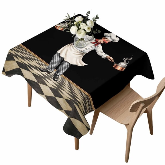 Funny Chef Table Cloth, Waterproof Tablecloth for Square Tables, Chefs Cook Food Kitchenware Retro Black Plaid Washable Fabric Table Cover for Restaurant Kitchen Dining Tables 54"x54"