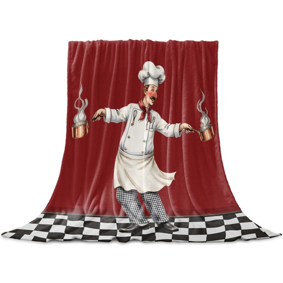 Funny Chef Throw Blanket for Couch, Lightweight Flannel Fleece Blanket, Chefs Cook Food Kitchenware Buffalo Plaid Red Microfiber Plush All Season Decorative Blankets for Sofa Office Travel 40"x50"