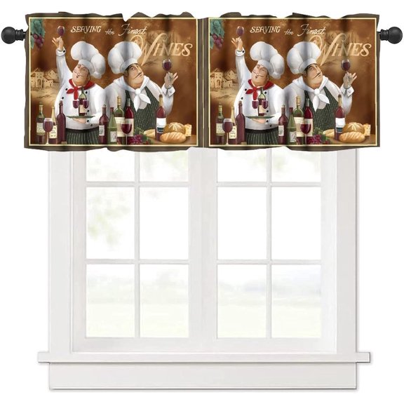 Funny Chef Valances Curtains Wines Rustic Western Food Plank Pattern Window Treatment Valances Short Curtains Rod Pocket Drape for Kitchen Dining Room Home Restaurant Decor, 54x18inch