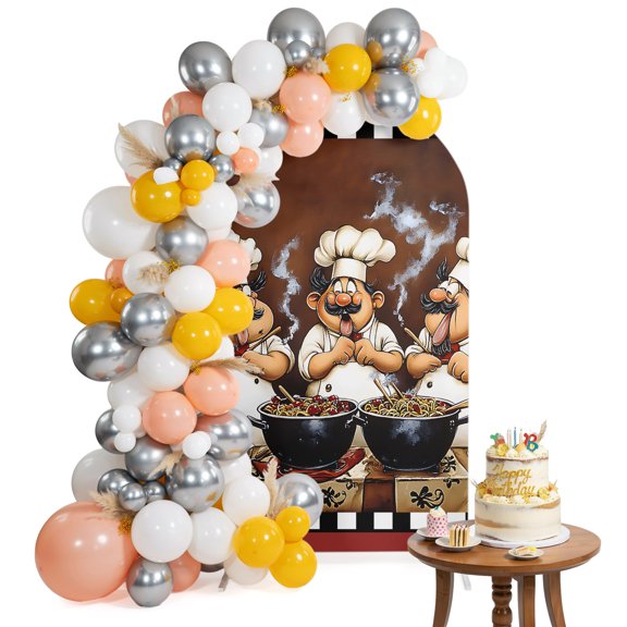 Funny Chefs Arch Backdrop Cover 4FT Chef Cooking Food Spandex Fitted Arch Covers Stretchy Backdrop Decoration for Wedding Birthday Graduation Party