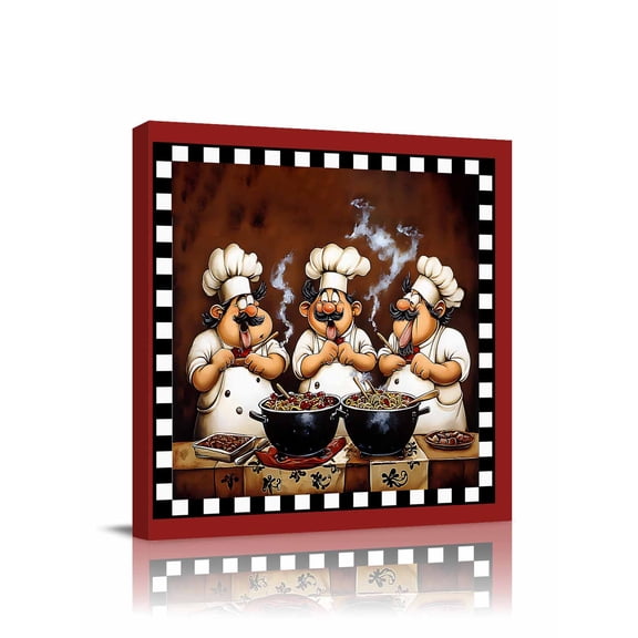 Funny Chefs Canvas Wall Art, Chef Cooking Food Red Plaid Framed Wall Decor Modern Artwork Prints Painting for Living Room, Bedroom, Kitchen & Cafe Decor 20x20 Inch