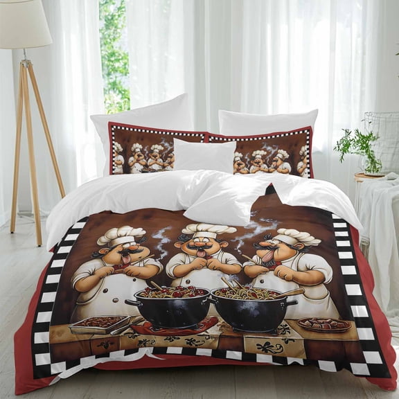 Funny Chefs Duvet Cover Set Full Size, Chef Cooking Food 4 Piece Soft Microfiber Bedding Set with 1 Duvet Cover, 1 Flat Sheet, 2 Pillowcases