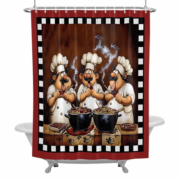 Funny Chefs Fabric Shower Curtain, Chef Cooking Food Red Plaid Bathroom Curtain with 12 Hooks Waterproof Machine Cloth Shower Curtain for Bathroom, Bathtub, Spa Room, 72x84 Inch