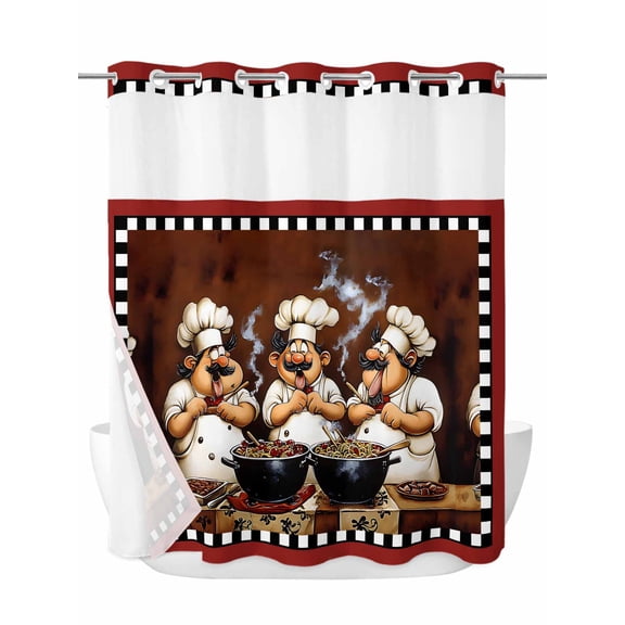Funny Chefs No Hook Shower Curtain and Liner Set Chef Cooking Food Red Plaid Shower Curtains with Snap-in Liner & See Through Top Window Hotel Style for Bathroom Decor 72x72 Inch