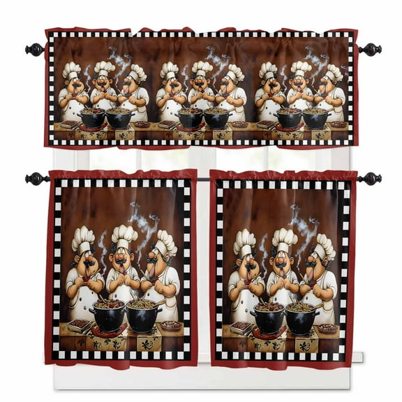 Funny Chefs Kitchen Curtains and Valances Set, Chef Cooking Food Red Plaid Rod Pocket Window Valance 18 Inch Window Curtain Panels for Living Room Bedroom Laundry, 27.5x24in, 3 Pieces