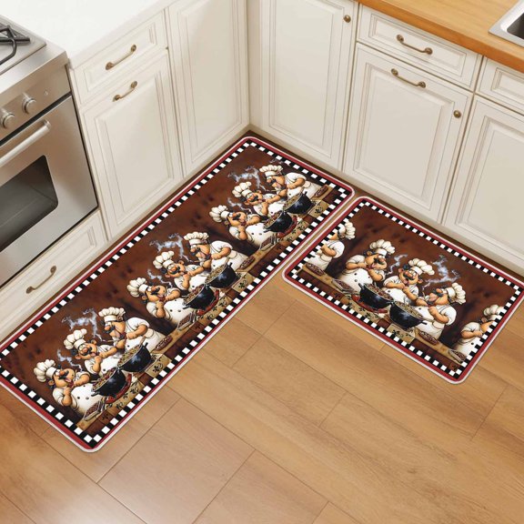 Funny Chefs Kitchen Rugs Set of 2 Chef Cooking Food Red Plaid Absorbent Non-Slip Kitchen Mats for Floor Cushioned Standing Carpet for Home, Office, Sink 23.6"x35.4"+23.6"x70.9"