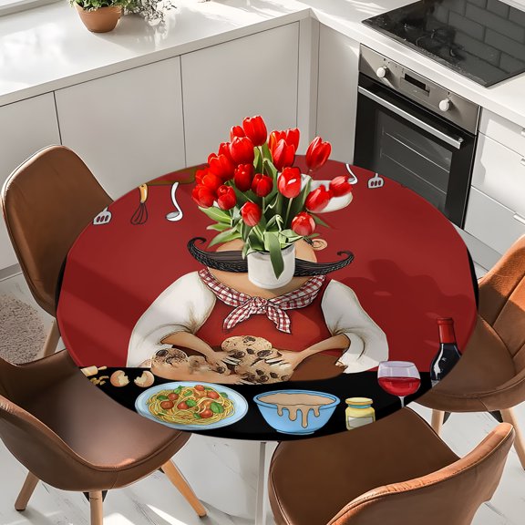 Funny Chefs Making A Cake Round Fitted Tablecloth with Elastic Edge,Waterproof Table Cloth Fits 36"-44"Tables,Wipeable Table Cover for Indoor Outdoor Dinning Party,Vintage Black Buffalo Check