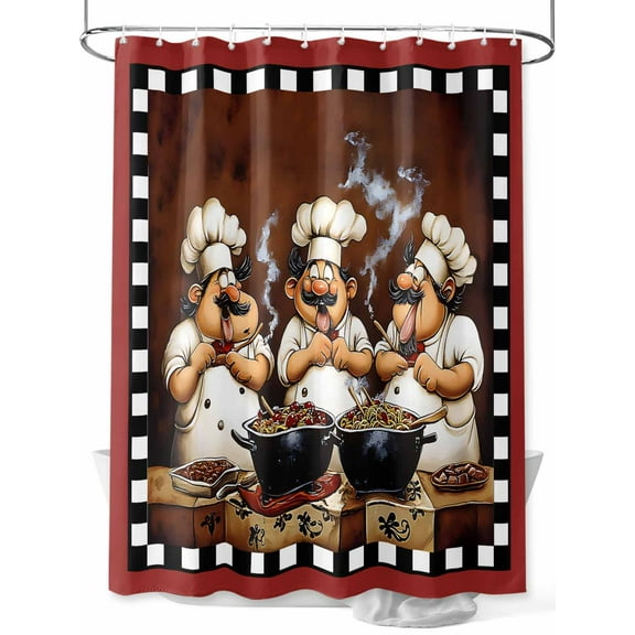 Funny Chefs Shower Curtain, Chef Cooking Food Red Plaid Waterproof Shower Curtain Set with 12 Hooks Lightweight Washable Fabric Shower Curtains for Bathroom 72x84 Inches