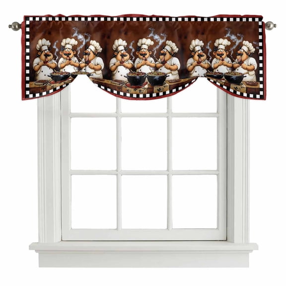 Funny Chefs Tie Up Window Valance Chef Cooking Food Red Plaid Tie-up Valance for Kitchen Windows Adjustable Small Curtain Balloon Shades for Kitchen Bathroom Cafe 60x18inch