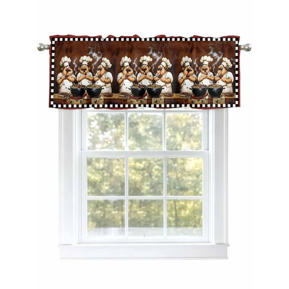 Funny Chefs Valances for Windows Chef Cooking Food Red Plaid Kitchen Valance Curtain Rod Pocket Small Curtains for Cafe Bathroom Laundry Basement 60" x 18"