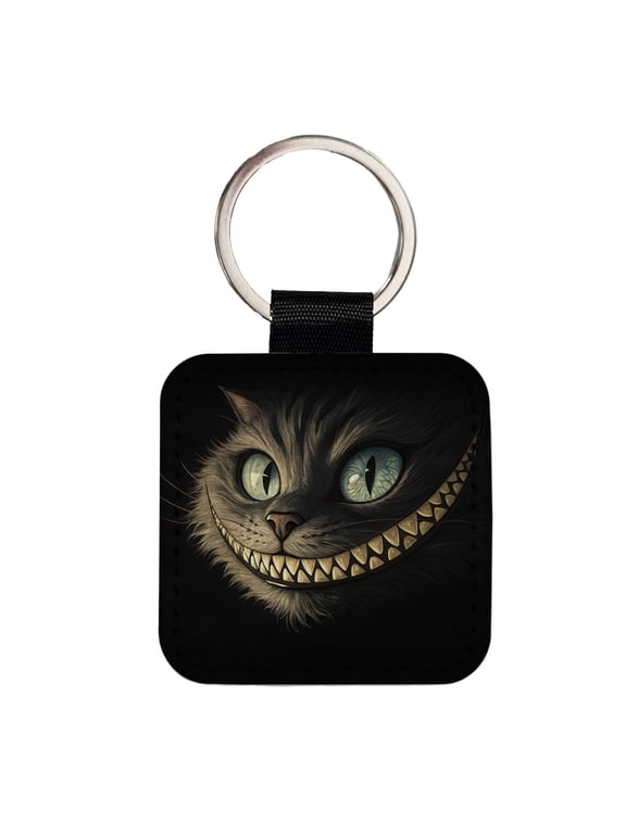 Funny Cheshire Cat Grin on Black Faux Leather Square Keychain
