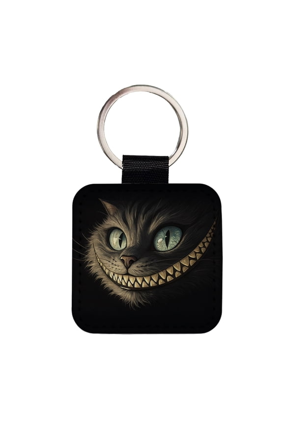 Funny Cheshire Cat Grin on Black Faux Leather Square Keychain