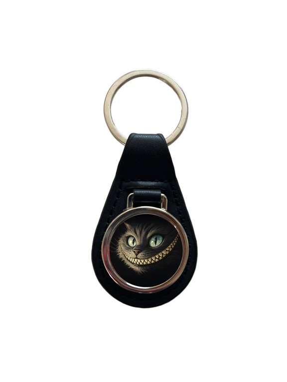 Funny Cheshire Cat Grin on Black Metal Black Leather Keychain