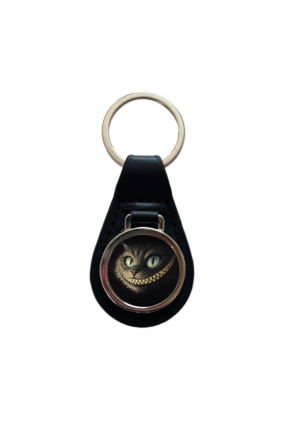 Funny Cheshire Cat Grin on Black Metal Black Leather Keychain