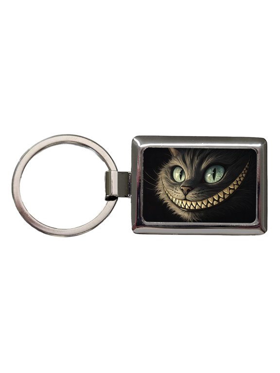 Funny Cheshire Cat Grin on Black Metal Rectangle Keychain