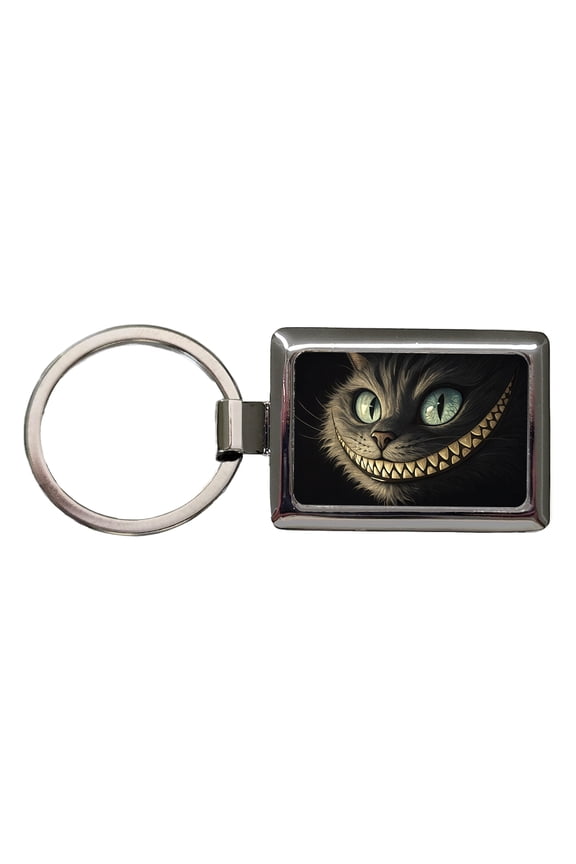 Funny Cheshire Cat Grin on Black Metal Rectangle Keychain