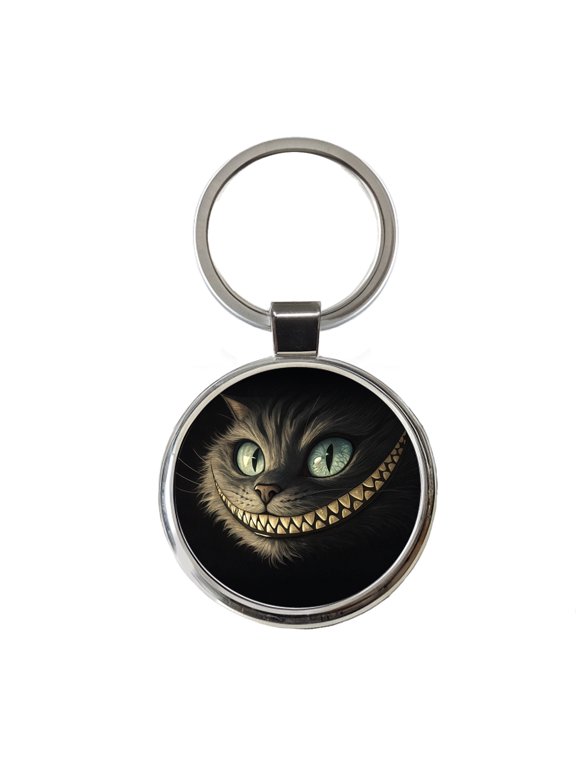 Funny Cheshire Cat Grin on Black Metal Round Keychain