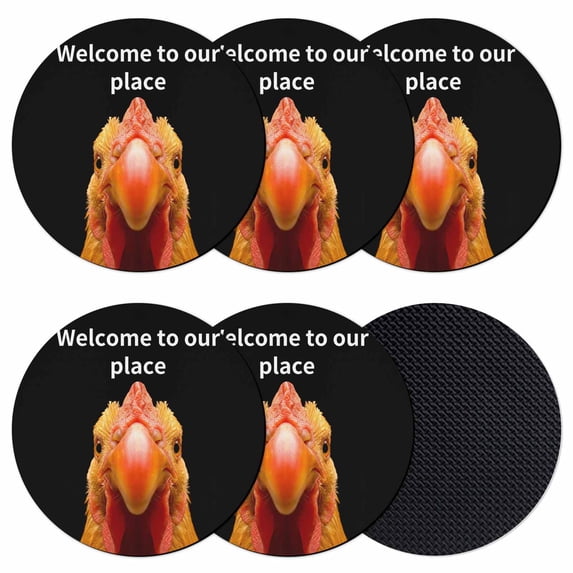 Funny Chicken Coasters Set of 6, Absorbent Coasters for Drinks, Welcome To OUR Place Modern Retro Coaster for Desk Coffee Table Protection, Home Decor House Warming Gifts 4"