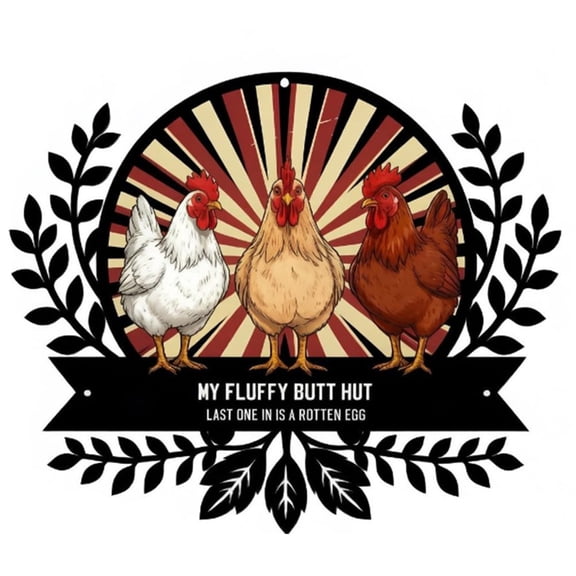 Funny Chicken Coop Metal Sign, Farmhouse Fluffy Butt Hut Wall Decor with Humorous Rotten Egg Quote, Rustic Barn Art for Backyard Poultry Run, Garden Fence, Outdoor Weatherproof Plaque