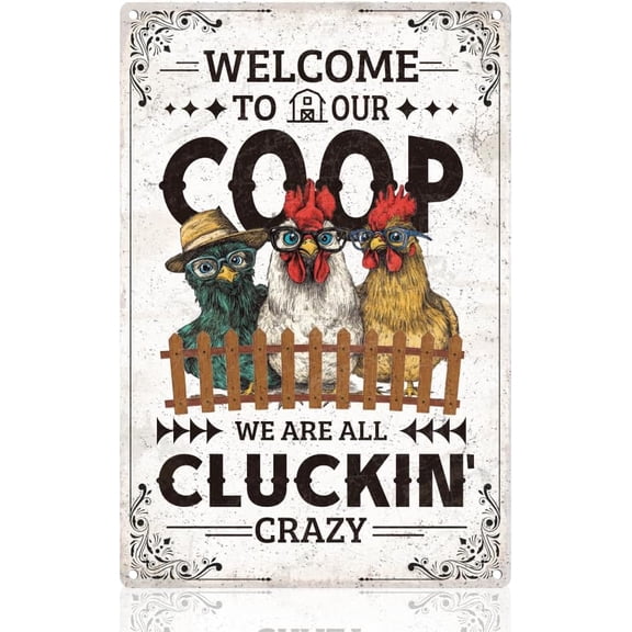 Funny Chicken Coop Sign Kitchen Wall Decor Welcome to Our Coop Farmhouse Garden Metal Tin Sign Rooster Vintage Poster for Home Kitchen Garden Country Farm Yard Wall Decor Gift 8" x 12"